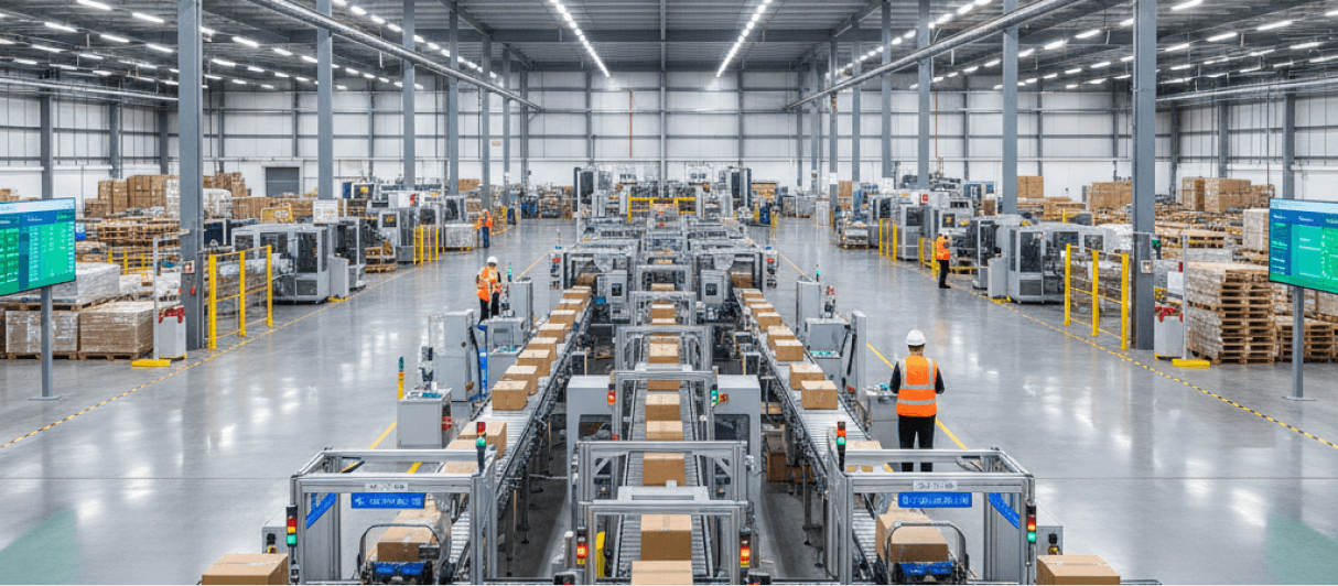 Industrial manufacturing and logistics operations floor — automated throughput systems