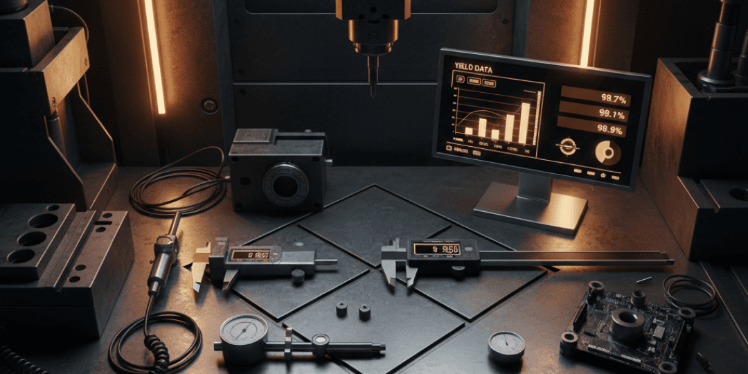 Industrial quality control and precision engineering workbench with calipers, gauges, and real-time yield telemetry monitor