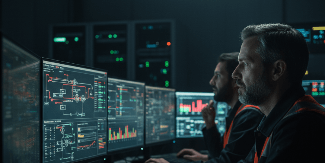 Executive and operations leaders monitoring mission-critical industrial telemetry and technical schematics in dark control room