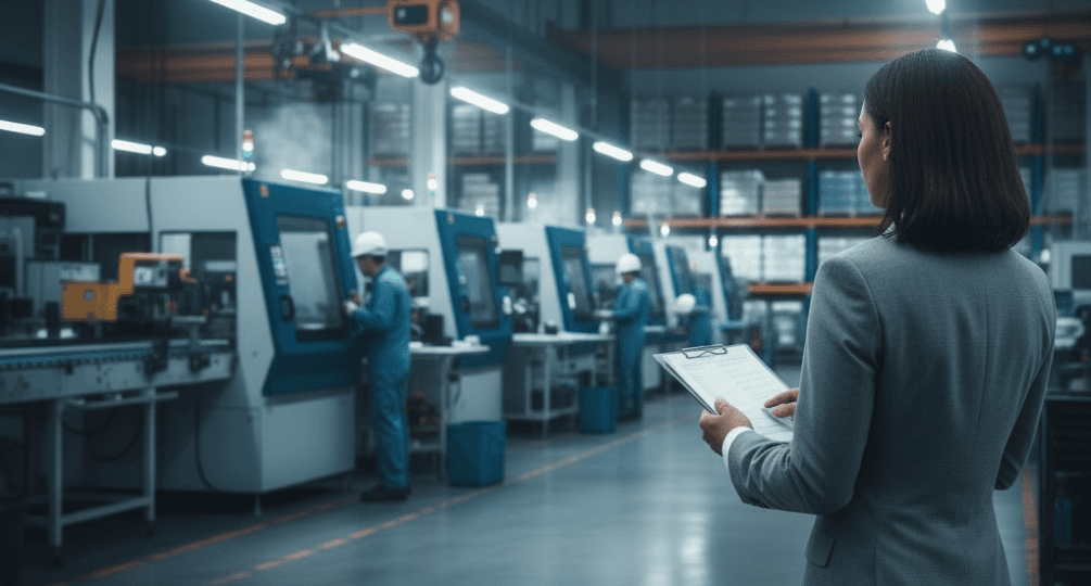 Operational due-diligence walkthrough at an industrial manufacturing facility with an executive evaluator reviewing checklists overlooking an active production line